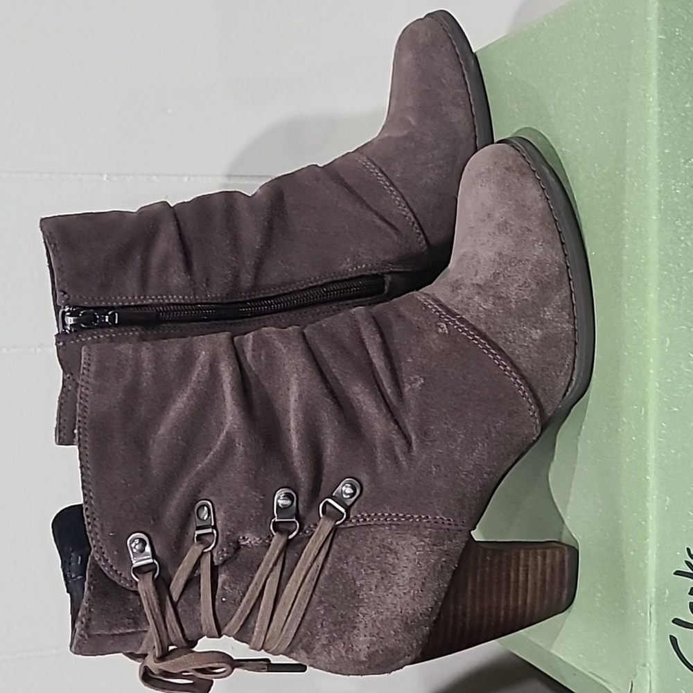 **LAST CHANCE!** Clarks Gray Real Suede Artisan Ankle Boot With Laceup Detail